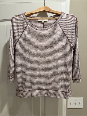 LOFT Striped Raglan Long Sleeve Top in Burgundy and White